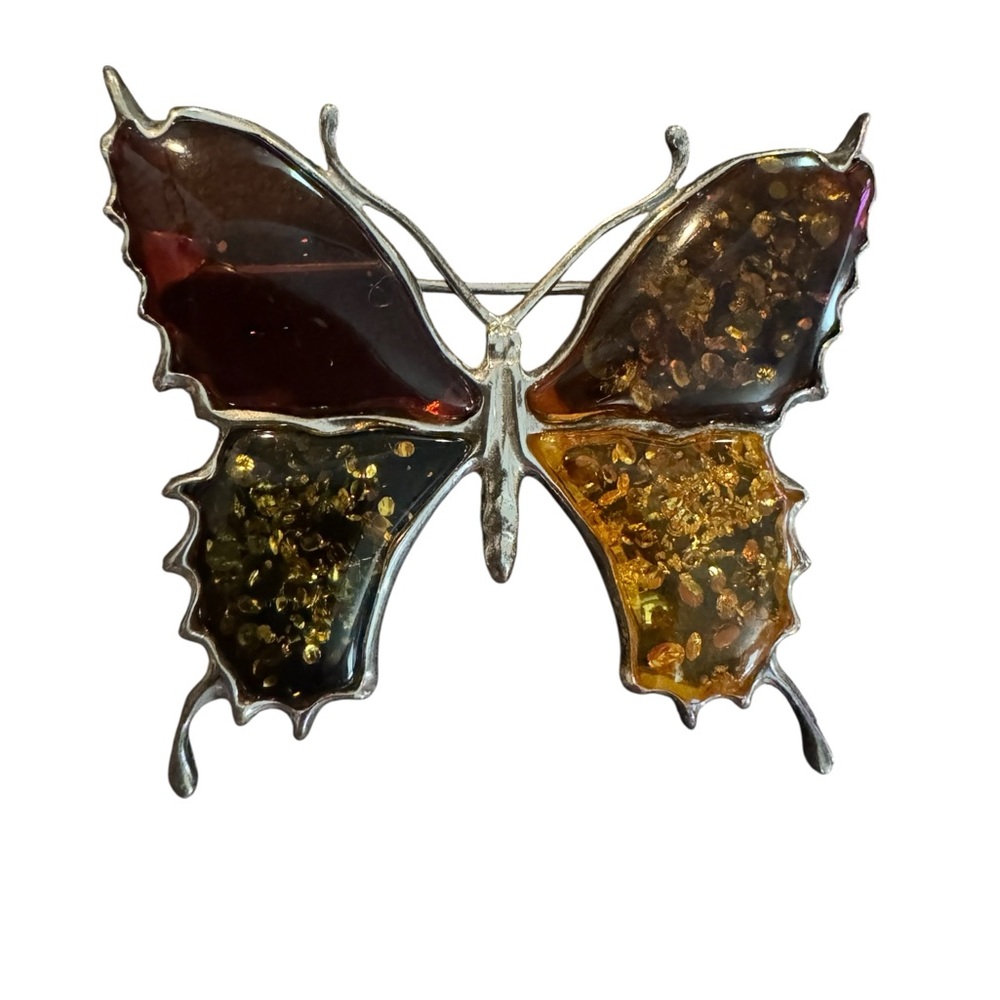 925 Sterling Silver and Baltic Amber Butterfly Brooch.